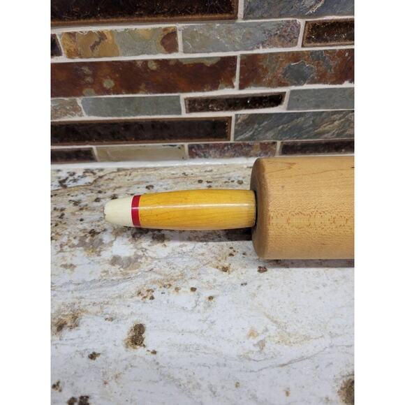 Vintage Wood Rolling Pin, Red Stripe White Handle Ends - Picture 3 of 4